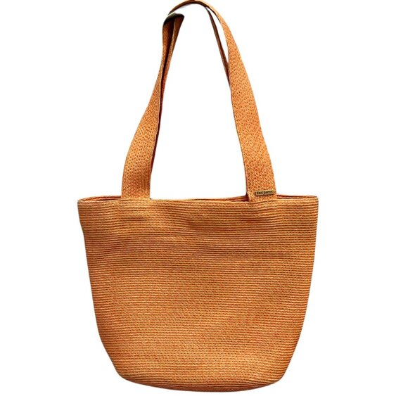 Eric Javits New York Orange Raffia Straw Tote Bag With Green Lining - Picture 3 of 10